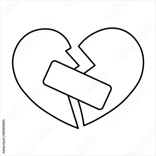 A simple black and white line drawing of a broken heart with a bandage across the crack.