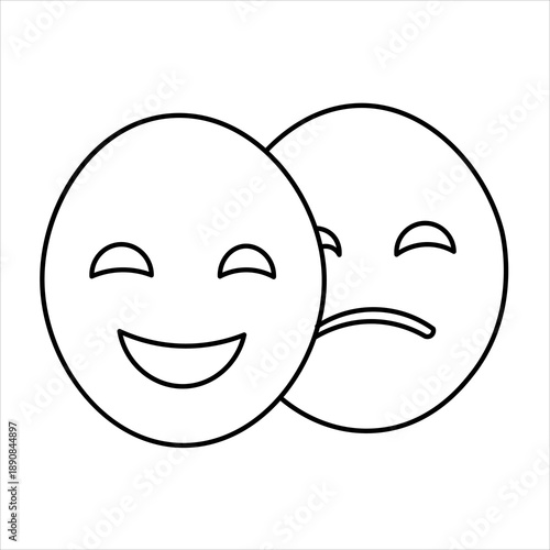 A black and white outline drawing of two theatrical masks, one depicting happiness and the other sadness, overlapping.