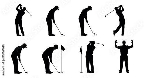 Collection of golf player silhouette icons in various action poses showing golf swing putting and celebrating a successful shot on white background for sports themes