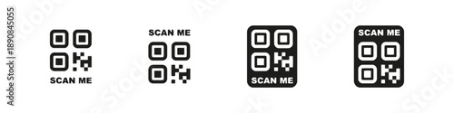 Collection of four flat design qr code icons with scan me text below and above displaying different styles and border variations with simple modern graphic representation