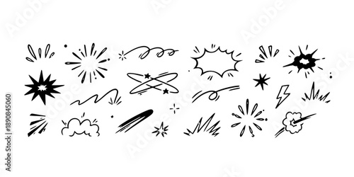 Collection of hand-drawn doodle elements, including stars, bursts, swirls, and speech bubbles, representing energy, excitement, comic effects, and abstract expressions, black and white sketchy style