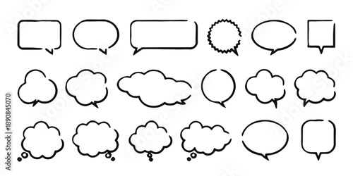 Collection of hand-drawn speech and thought bubbles in various shapes and styles, perfect for comic books, graphic novels, and digital design projects, isolated on white background