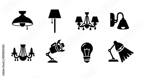 Collection of interior and exterior lighting fixture icons showing chandelier wall lamp ceiling light desk lamp spotlight and light bulb for home and office illumination