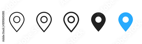 Collection of location pin icons in various styles, including outline, solid black, blue, and red markers, representing geographical points or addresses for navigation and mapping applications