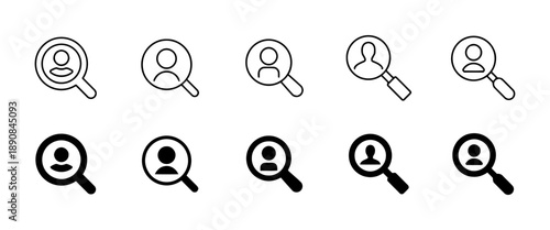 Collection of magnifying glass icons with person silhouette inside in outline and solid styles for search and profile discovery elements user finding and recruitment concept vector graphics