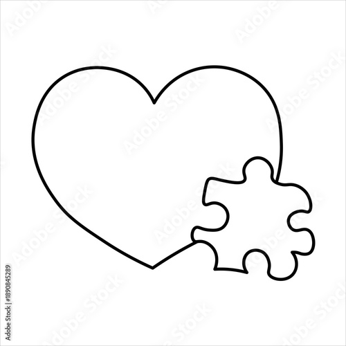 A simple line art illustration of a heart outline with a puzzle piece fitting perfectly into its side, symbolizing connection, love, and understanding.