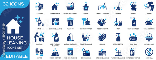 House cleaning and housekeeping solid icon set featuring House cleaning solid icon set featuring cleaning tools, laundry, vacuum, kitchen and bathroom cleaning. Clean flat vector icons for cleaning se