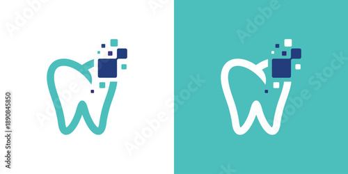 Dual meaning logo combining dental and digital pixel elements, symbolizing modern dentistry, innovation, precision, and advanced digital dental solutions.