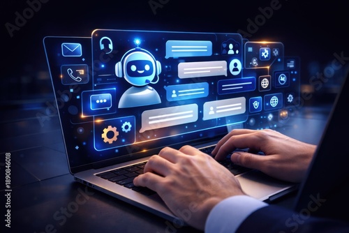 Businessman interacting with AI chatbot on laptop in modern workspace