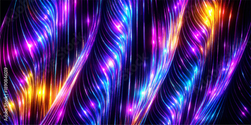 A vibrant digital wallpaper featuring an artistic fractal pattern of colorful neon lines and psychedelic waves that create an energetic motion backdrop with a rainbow of light and texture