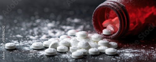 Spilled white pills and powder from a red bottle on a dark surface