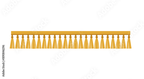 Golden tassel trim isolated on a white background, featuring a row of elegant fringes, perfect for decorative projects and crafts
