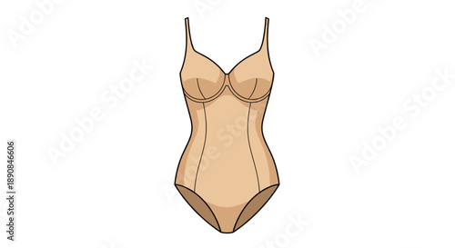 Illustration of beige shapewear bodysuit with straps, isolated on a white background, showcasing sleek design and contouring fit