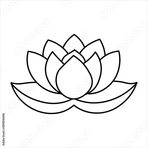 Simple black and white outline drawing of a beautiful lotus flower with multiple petals, symbolizing purity and enlightenment.