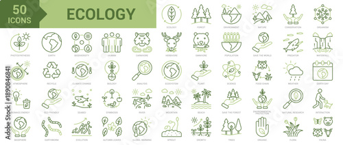 Ecology colored line icon collection set. Containing forest, environment, nature, conservation, organism, photosynthesis, atmosphere, biomass energy, biosphere, earth, biodiversity, recycle icons