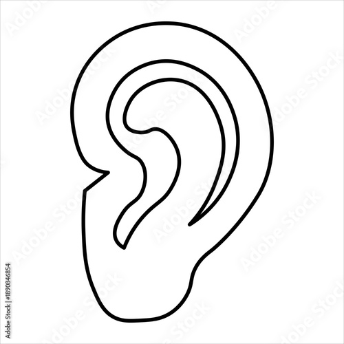 A simple, clean black and white line drawing of a human ear, highlighting its intricate internal structure and outer contours.