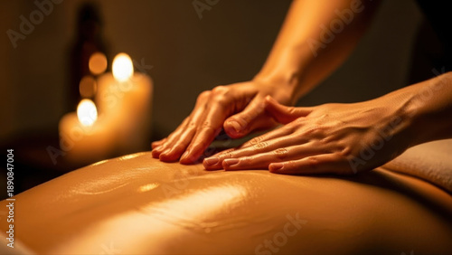 Wallpaper Mural Therapist massaging a clients back with herbal oil in a dimly lit spa setting, warm candlelight creating a serene and relaxing atmosphere Torontodigital.ca