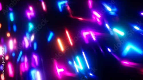 Abstract artwork features a dark background with blurred, neon-colored shapes of various geometries