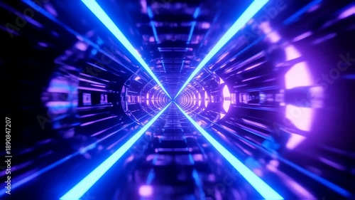 A futuristic tunnel with converging beams of light in vibrant hues of blue and purple
