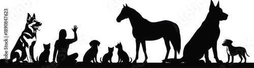 Black and white domestic animal silhouettes, dog, cat, horse and person sitting in a row, minimalist pet care graphic design on white.
