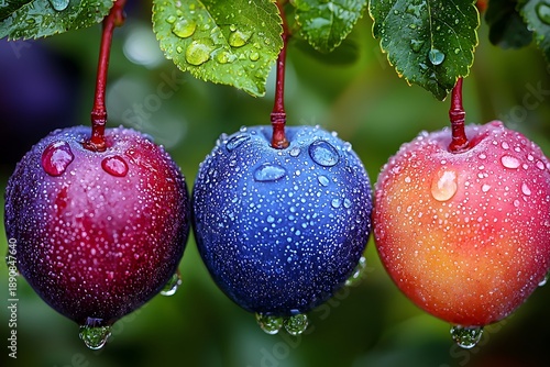 Plum orchard fruit shining after rain with droplets image