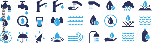 Collection of water-related icons featuring faucets, water drops, rain, umbrellas, waves, showers, and a water bottle, depicting themes of hydration, purity, and weather.
