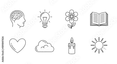 Concepts of knowledge, imagination, and emotion with brain, light bulb, flower, book, heart, cloud, candle, sun.