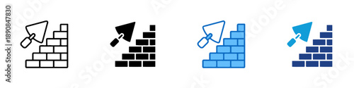 Construction and building icons set brick wall and trowel for masonry and renovation works in outline solid and colored styles