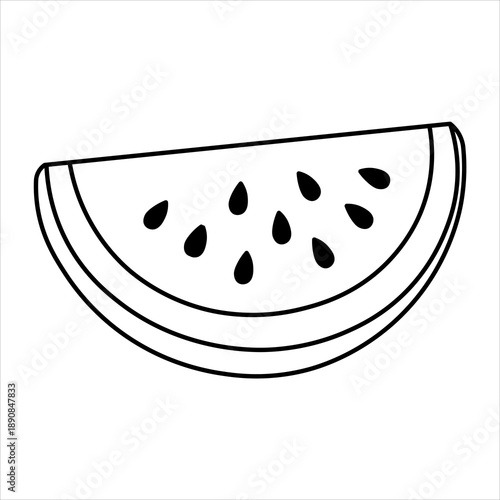 Black and white outline drawing of a fresh watermelon slice with visible seeds, perfect for coloring books or simple fruit illustrations.
