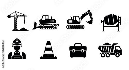 Construction site and worker icons: crane, bulldozer, excavator, cement mixer, construction worker, traffic cone, toolbox, and dump truck, vector.
