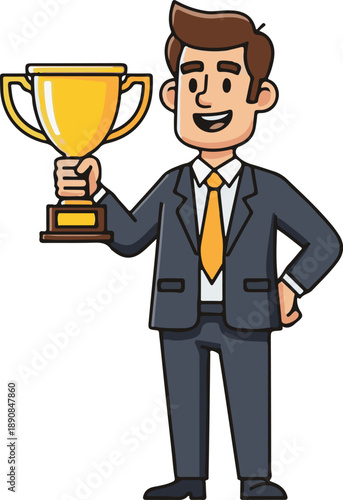 Man Business Success, Goal Achievement Concept, Flat Cartoon Illustration Style