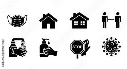 COVID 19 pandemic prevention and safety measures including face mask, social distancing, hand washing, sanitizer, stop sign, and virus icon for public health awareness and protection campaigns