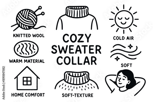 Cozy sweater icons and text elements describing comfort, warmth, and softness, featuring knitting yarn, warm material texture, house, and happy person for seasonal fashion and lifestyle themes
