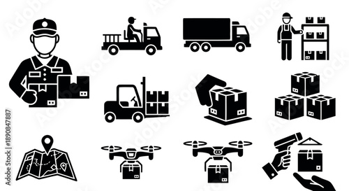 Delivery service logistics icons showing courier with package truck forklift drone map scanning parcel warehouse worker stacking boxes shipping transportation