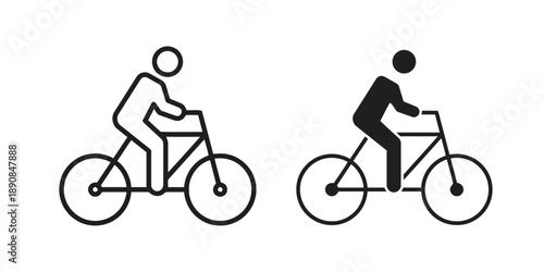 Cyclist icons outline and filled black showing person riding bicycle for sports recreation or transportation two styles isolated vector illustration