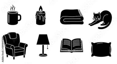 Cozy home scene icons with armchair, hot drink mug, lit candle, folded blanket, sleepy cat, desk lamp, open book, and pillow, vector.