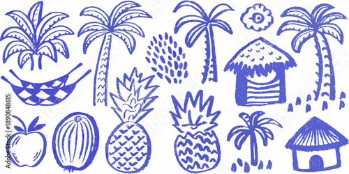 Blue sketch of tropical elements including palm trees pineapples and huts