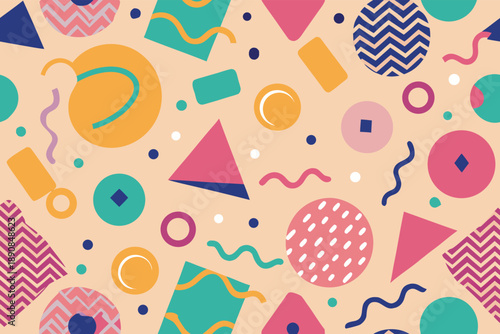 Memphis Style Geometric Seamless Pattern with Abstract Shapes and Modern Graphic Elements