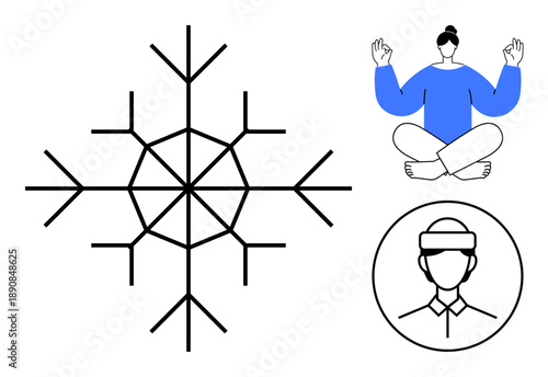 Meditation, mindfulness, VR technology, personal growth, wellness, digital balance. Stylized snowflake, person meditating and VR viewer wearing a headset. Meditation and mindfulness with digital
