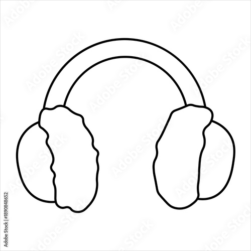 Simple black and white line art drawing of a pair of warm, fluffy earmuffs, perfect for winter and cold weather protection.