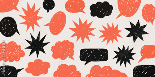 A patterned background featuring various shapes of speech bubbles in red and black
