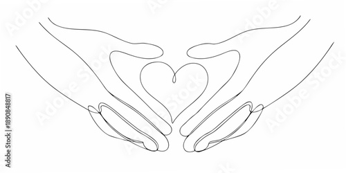 Hands gently cradling a heart shape in a continuous line drawing