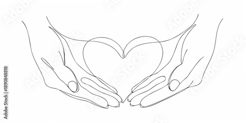 Hands gently cradling a heart shape in a minimalist line art style