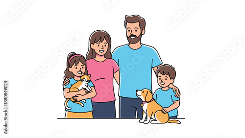Portrait of happy family including mother father and two children holding their pet cat and dog in heartwarming illustration.