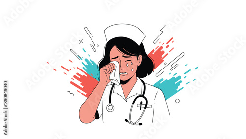 Distressed female nurse in white uniform and cap crying while dabbing her eyes with tissue against colorful splash background.