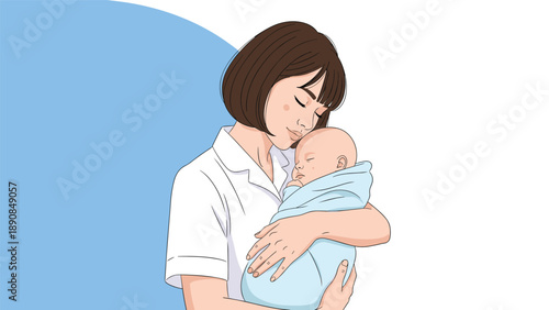 Caring female nurse in white uniform tenderly cradling sleeping newborn baby in her arms with love and affection.
