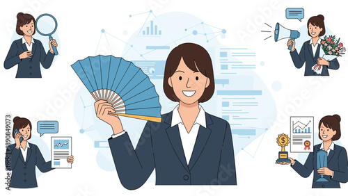 Successful businesswoman in formal suit holding blue folding fan with vignettes showing her diverse professional activities.
