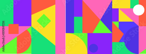 Vibrant flat design background with various geometric forms and high contrast primary colors