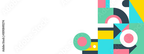 A clean and minimalist Memphis style composition with colorful geometric shapes and circles arranged on a white background for header design