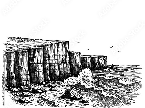Coastal cliff engraving illustration for ocean landscape branding